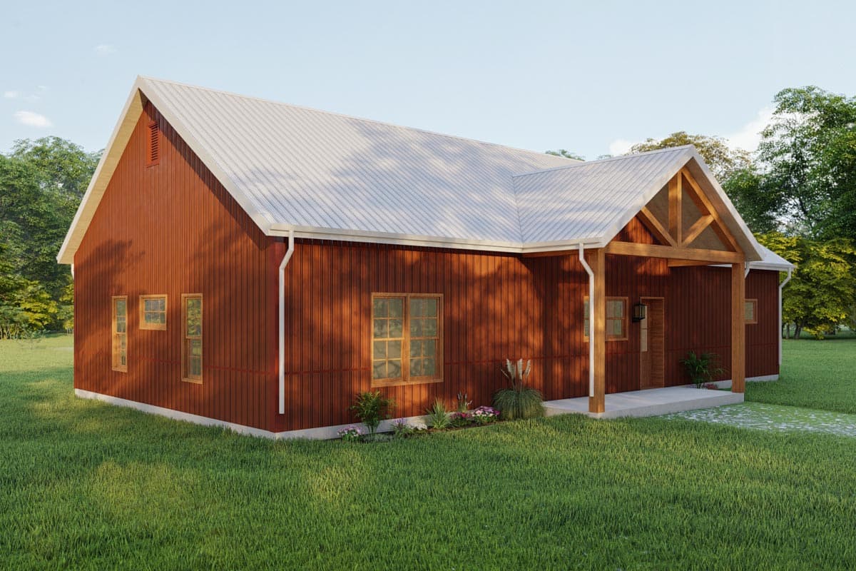 House plan exterior: One-story modern farmhouse with red vertical siding, white metal roof, and exposed timber framing on porch.