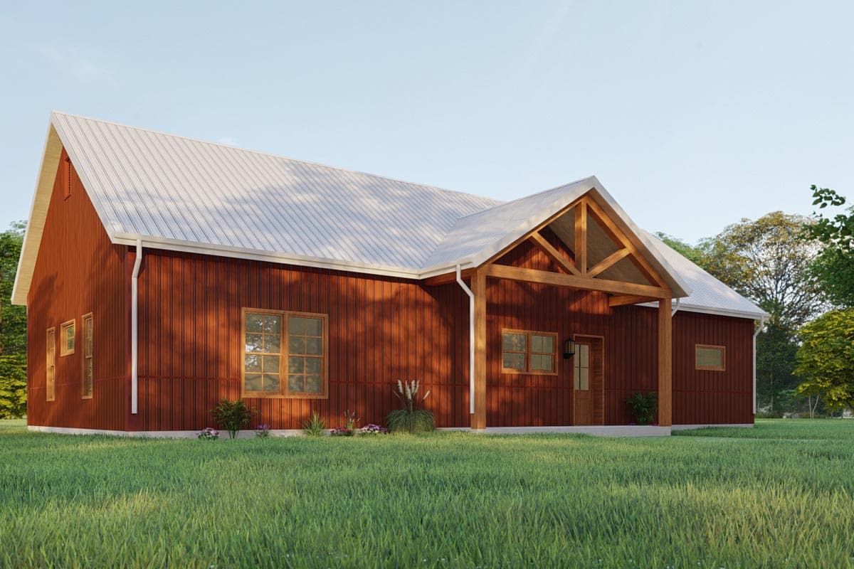 House plan exterior of a one-story Modern Farmhouse with wood siding, metal roof, and exposed rafter porch.