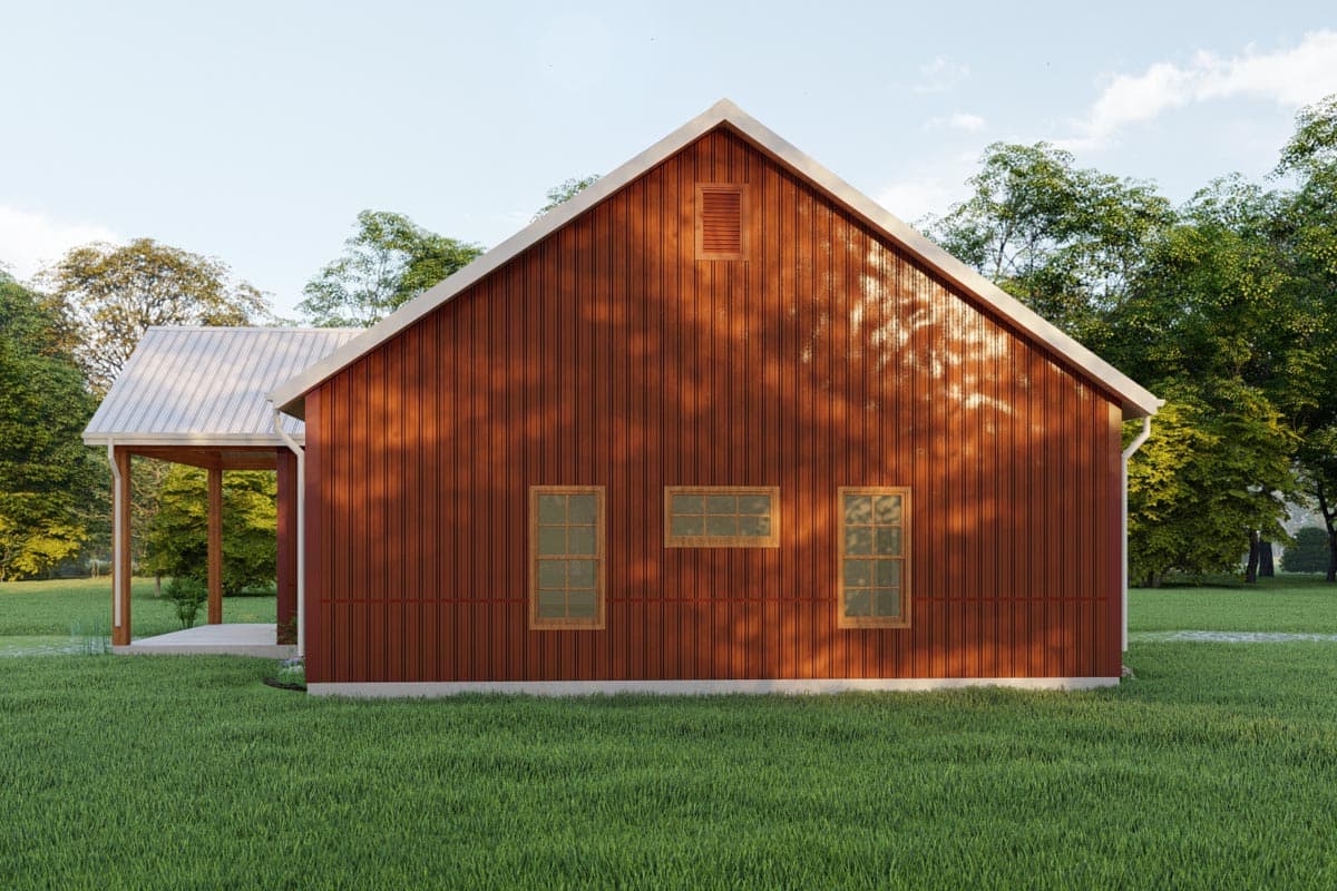 House plan exterior featuring vertical siding, gabled roof, three windows, and a covered porch.