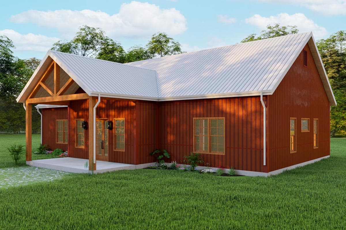 House plan exterior: one-story modern farmhouse with metal roof, exposed rafter tails, covered porch, and vertical siding.
