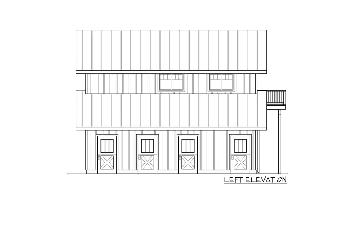Left elevation house plan showing two stories, vertical siding, four entry doors, and two upper windows.