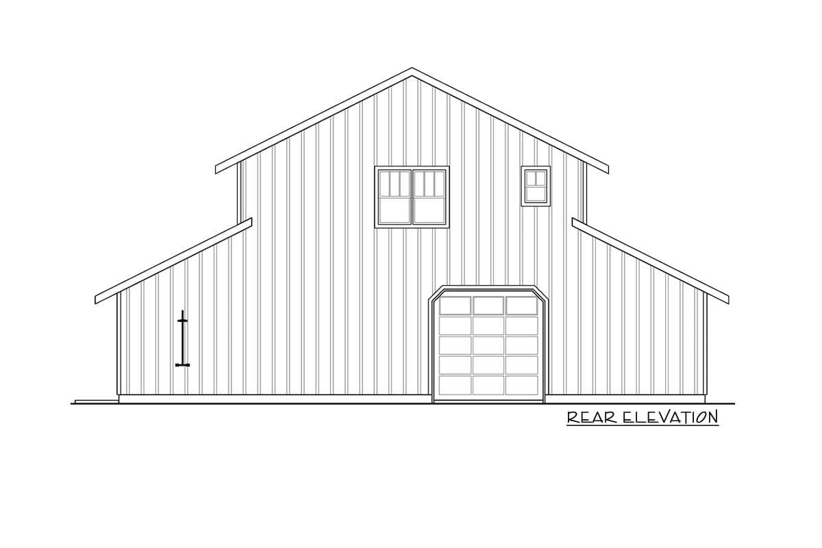 Rear elevation drawing of a barn-style house plan with a prominent gable, shed dormers, and a large garage door.