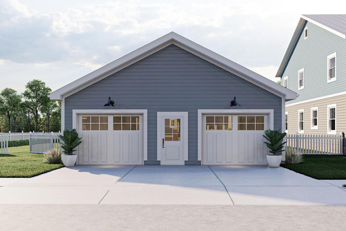 House plan exterior with two-car garage. Features include a gable roof, centered entry door, and matching garage doors. Exterior lights included.