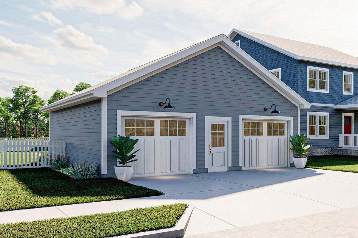 Exterior house plan: Two-car garage with side entry door, paneled doors with glass transoms, and vinyl siding.