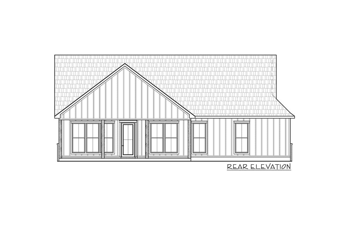Rear elevation drawing of a house plan with vertical siding, a prominent gable, multiple windows, and a central door.