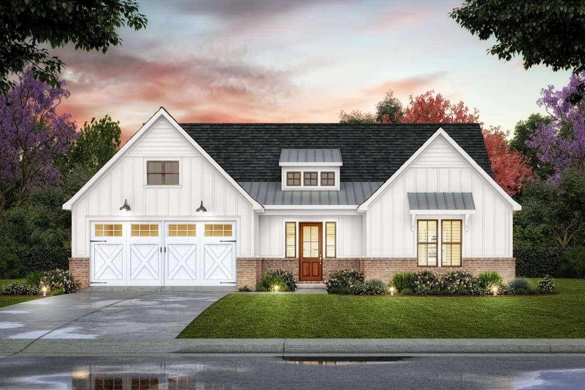 House plan exterior. Two-story Modern Farmhouse with gabled roof, dormers, a two-car garage, and a covered entry porch.