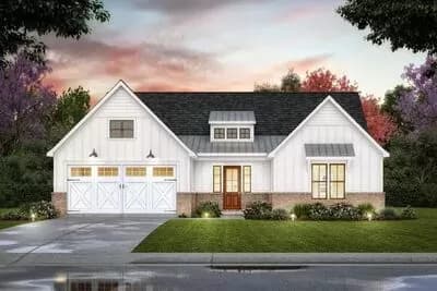 One Story Modern Farmhouse Plan with 3 Bedrooms