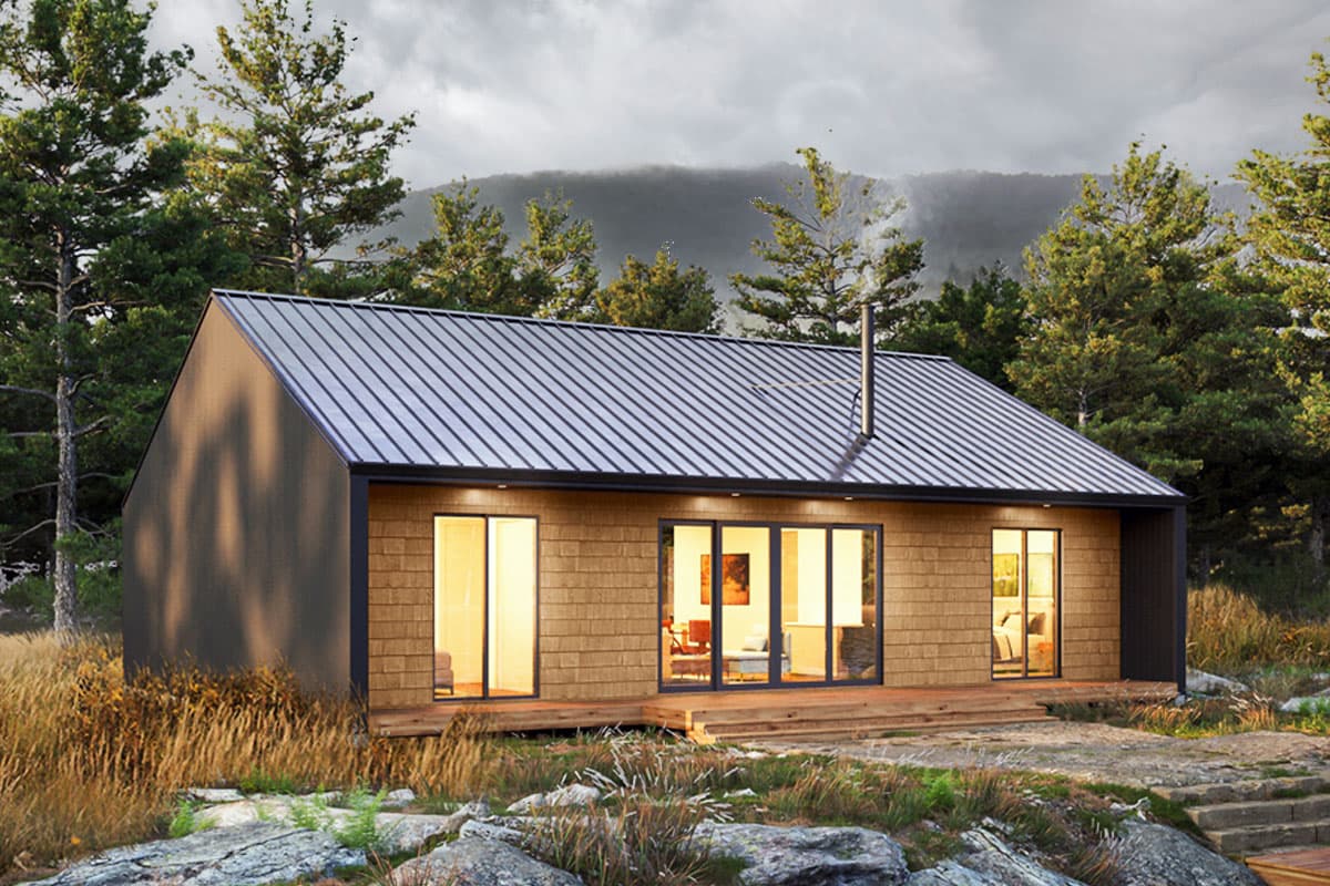 House plan exterior. Single-story contemporary style home with wood shingle siding, metal roof, and large sliding glass doors leading to a deck.