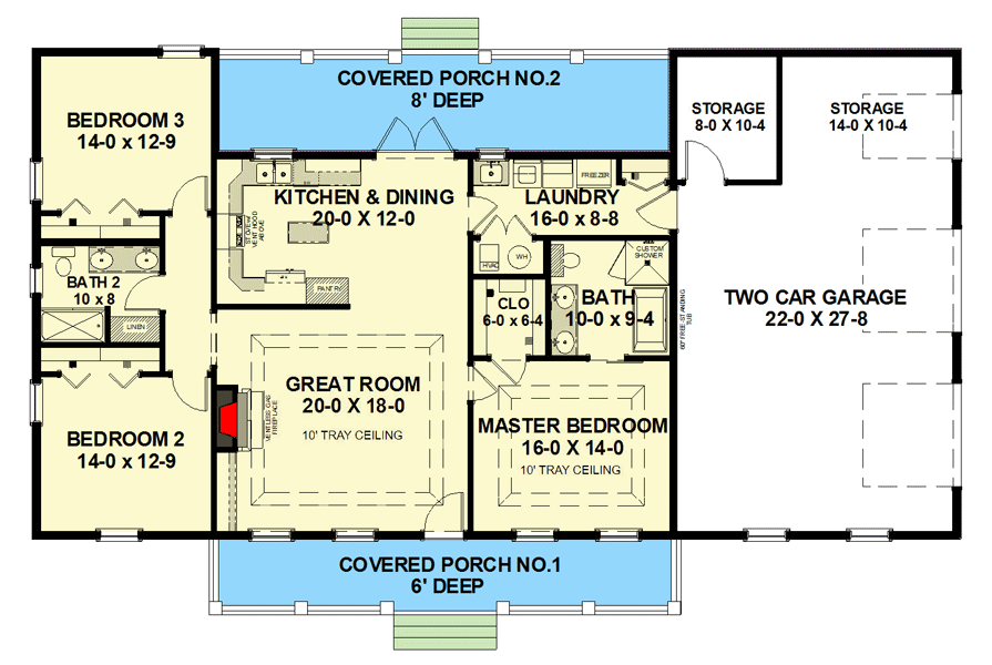 Plan 2544DH: One-Story New American Ranch with Porches Front and Back - 1615 Sq Ft - Floor Plan - Main Level - Cottage, Country, New American, Ranch, Southern