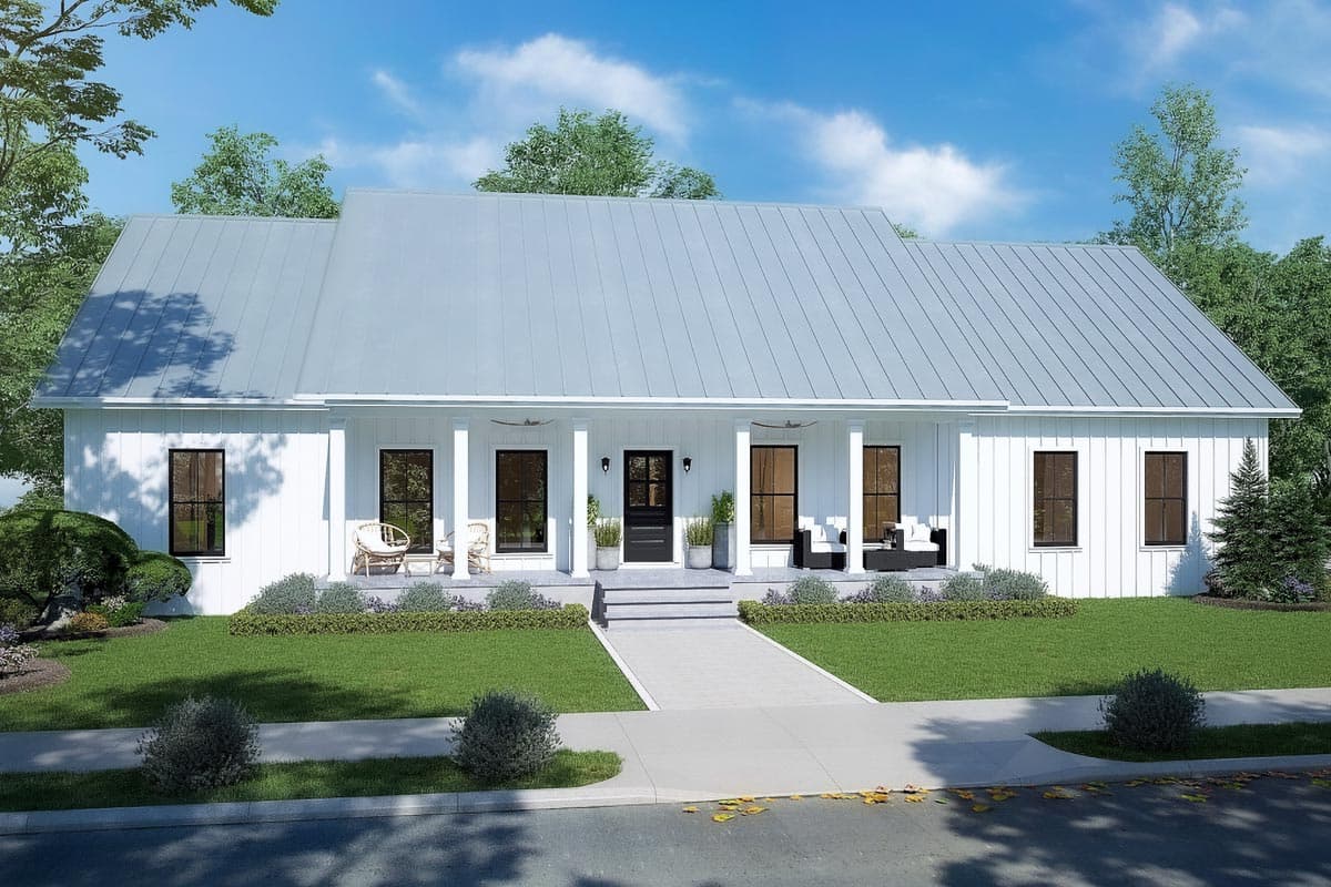Modern Farmhouse house plan exterior with a metal roof, front porch, and board and batten siding.