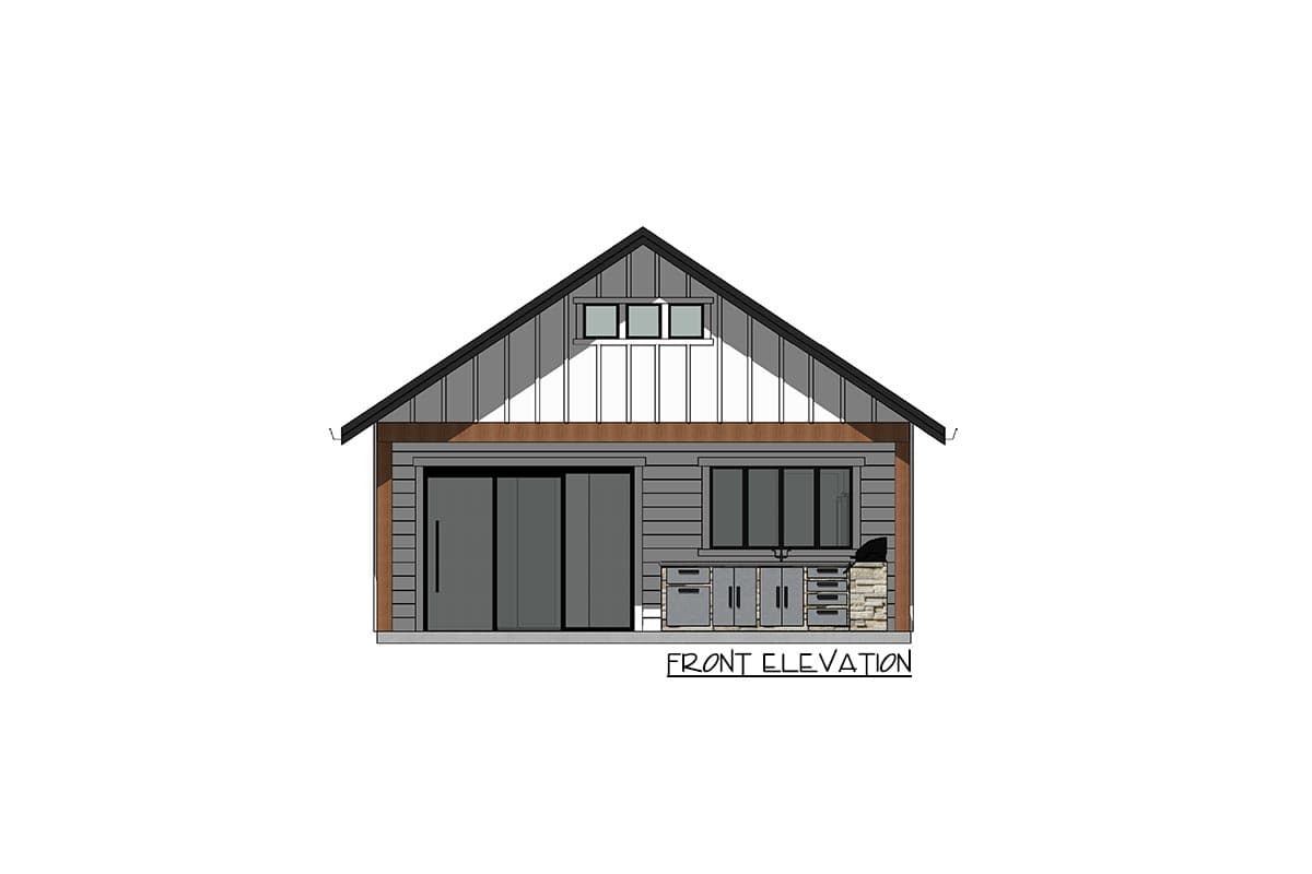 Front elevation of a modern house plan with a gabled roof, siding, a large sliding door, and an outdoor kitchen.
