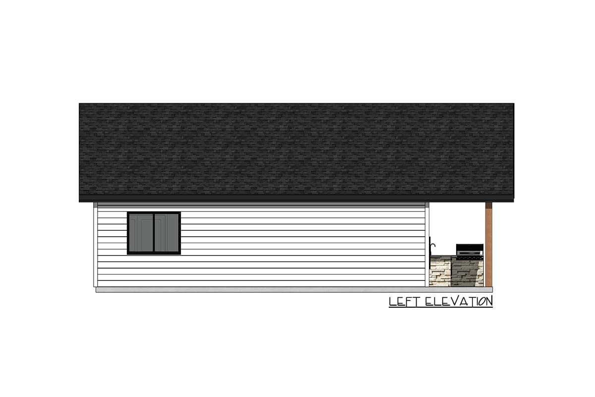 Left elevation of house plan showing siding, a window, and an outdoor kitchen with a grill.