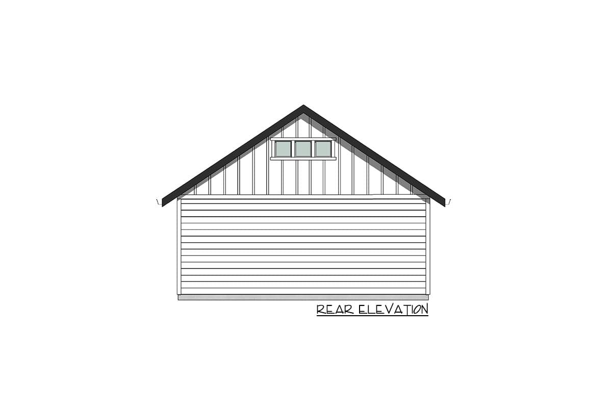Rear elevation drawing of a house with horizontal siding, vertical siding above, and a row of three windows in the gable.