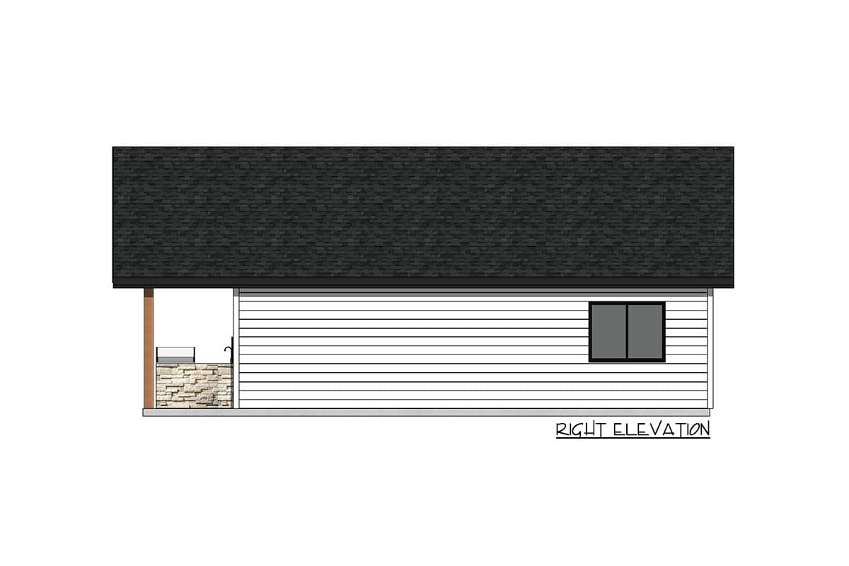 Right elevation of a house plan featuring horizontal siding, a single window, and an outdoor kitchen area with stone veneer.