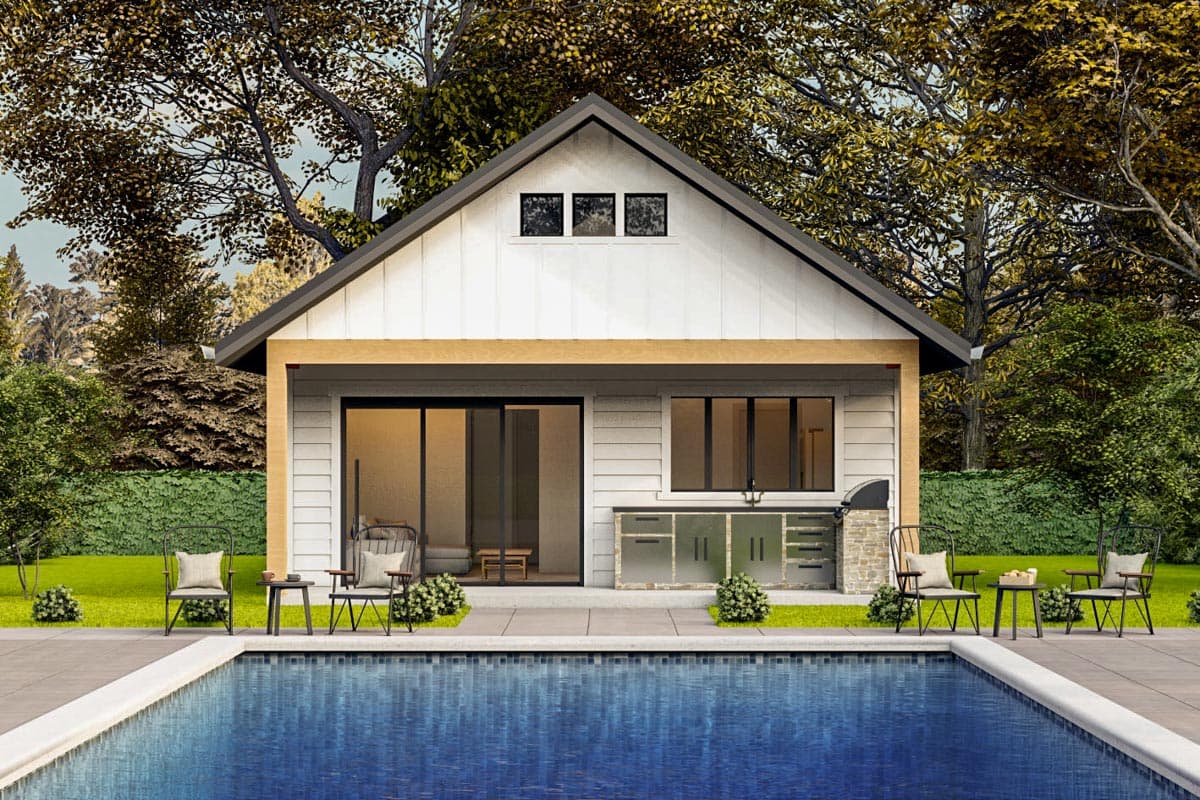 House plan exterior with gable roof, horizontal siding, and a covered porch. Includes an outdoor kitchen and a pool.