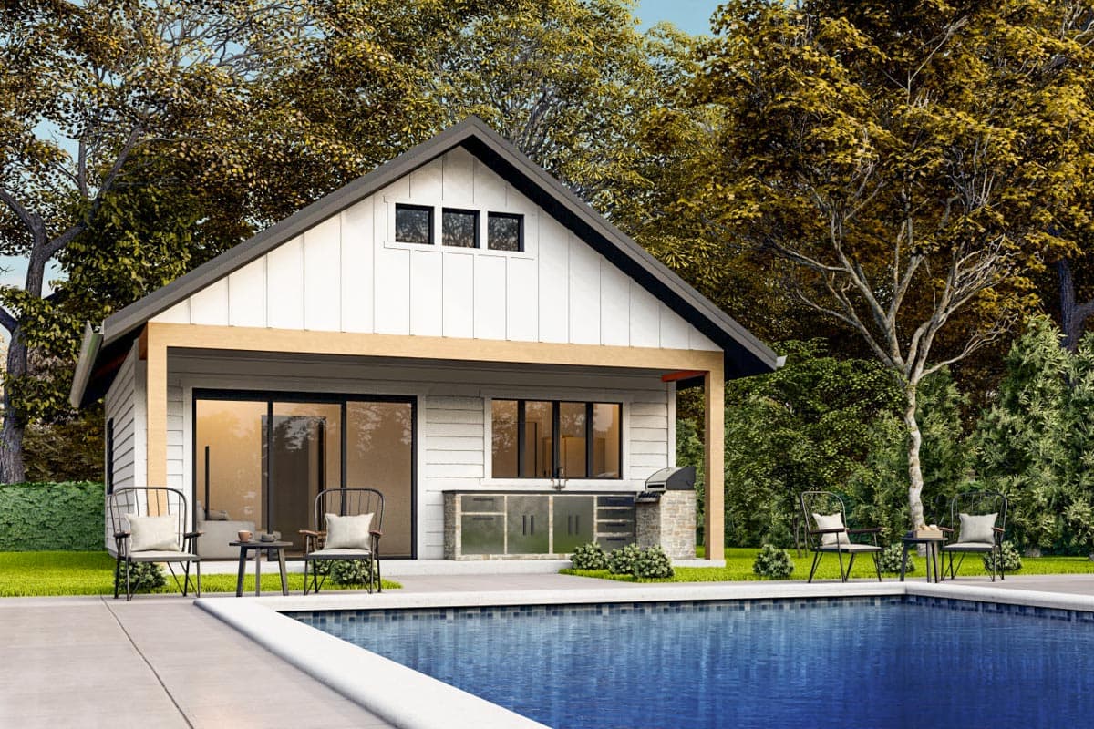 House plan exterior of a Modern Farmhouse style, one-story structure with horizontal siding, gable roof, and an outdoor kitchen.