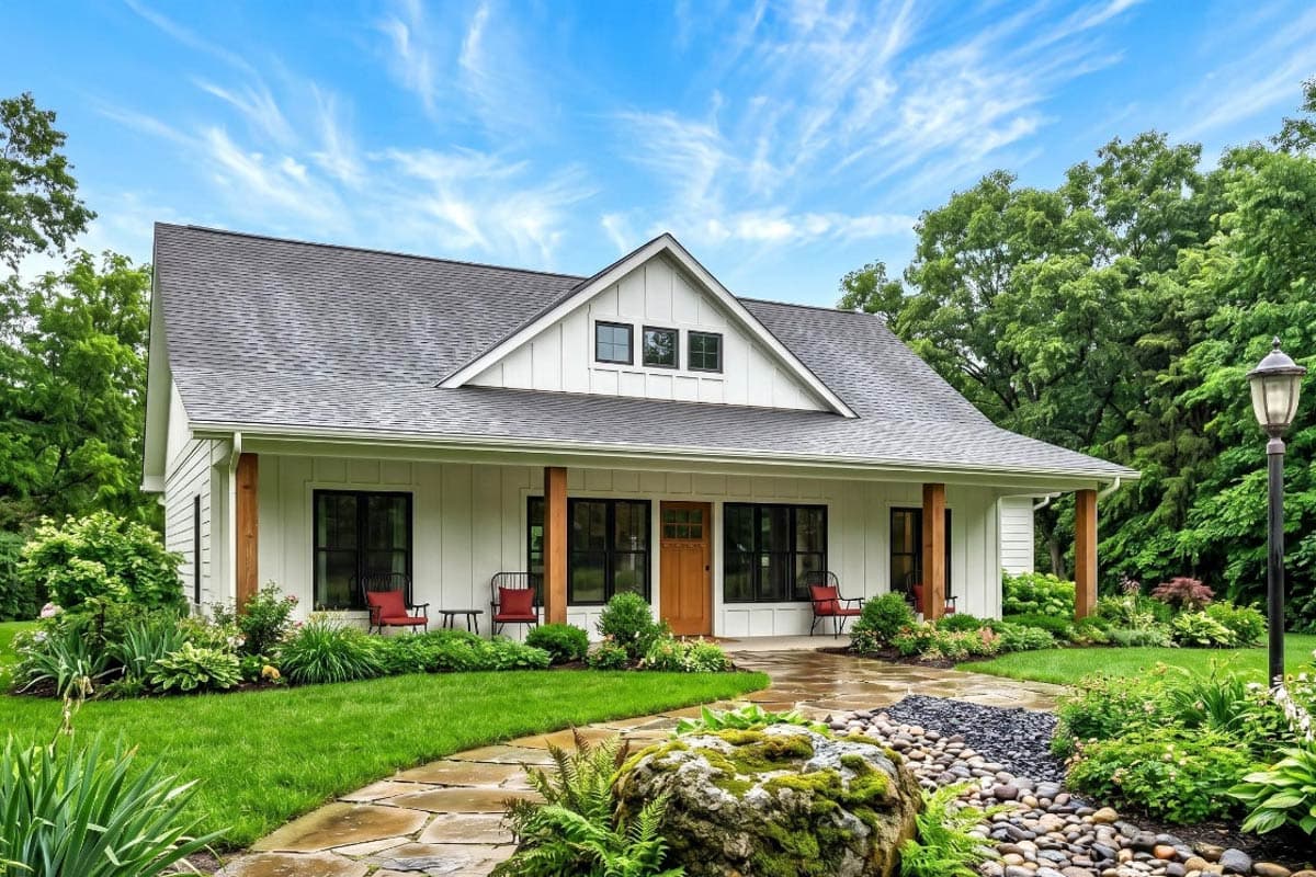 House plan exterior featuring a one-story, farmhouse-style home with a front porch, gables, and a dark roofline.