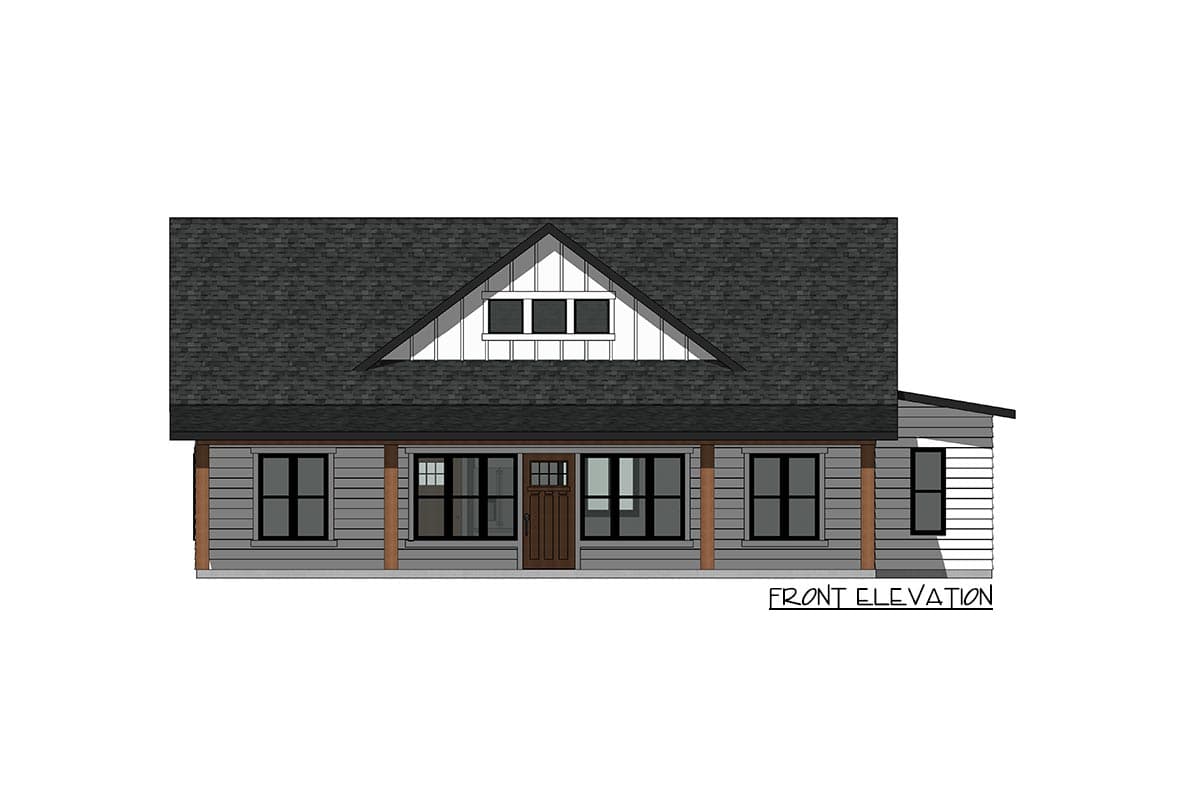 Front elevation house plan showing a single-story home with a gabled dormer, full-width porch, and horizontal siding.