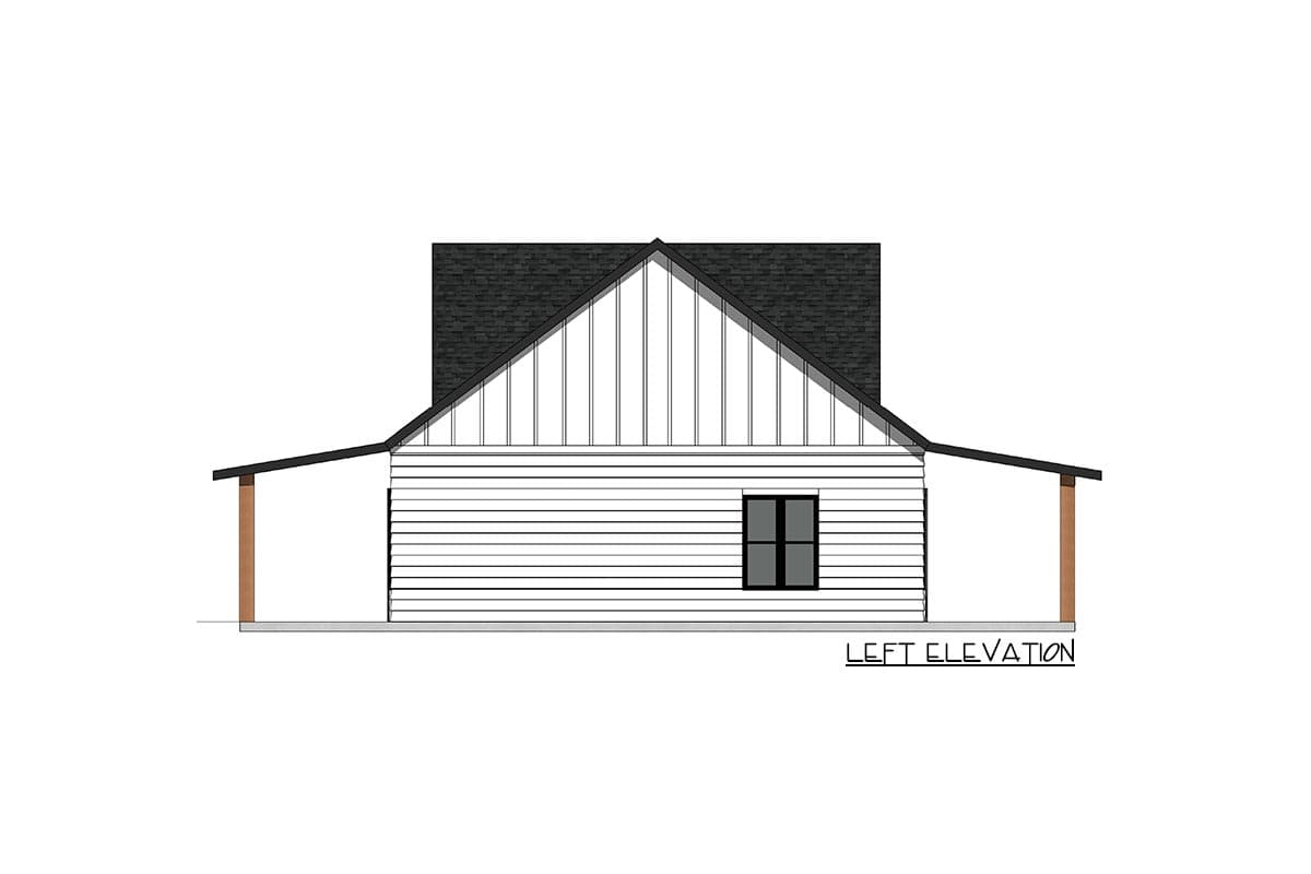 Left elevation drawing of a house plan with horizontal siding, gable end, and covered porch.