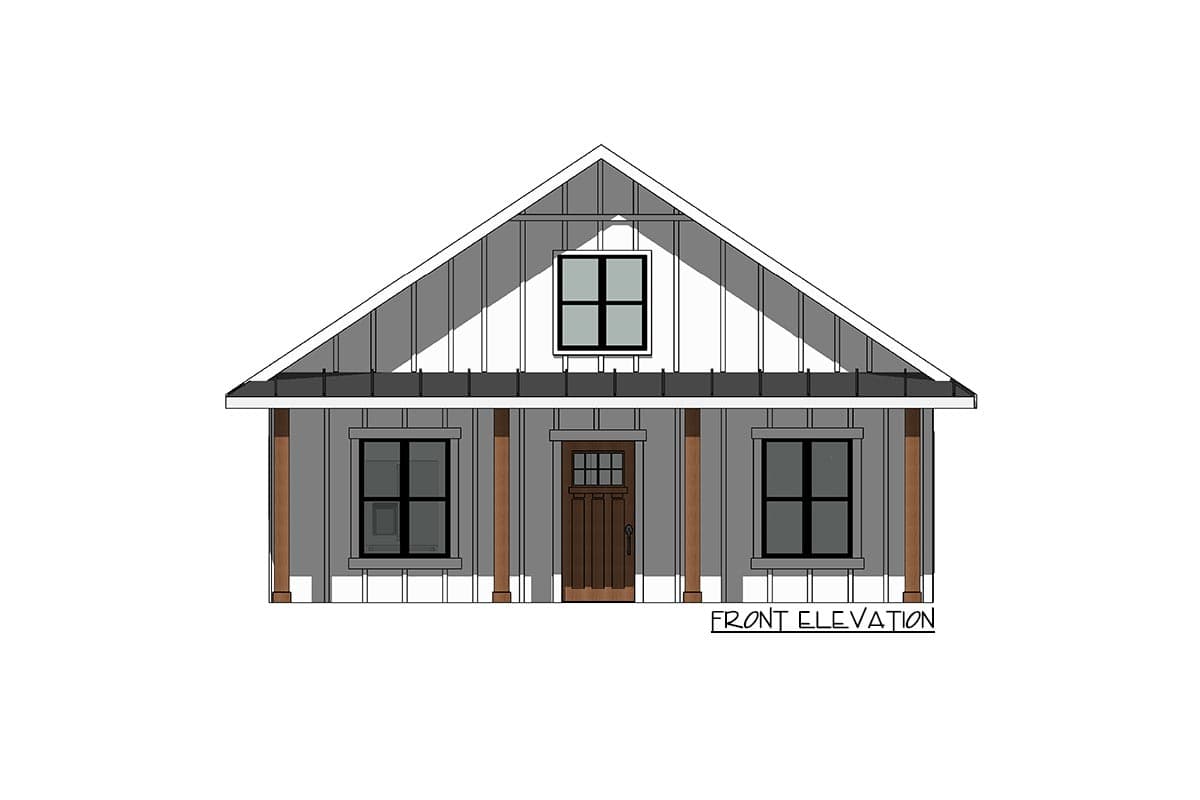 Front elevation drawing of a house with a gable roof, board and batten siding, two windows, and a central entry door.