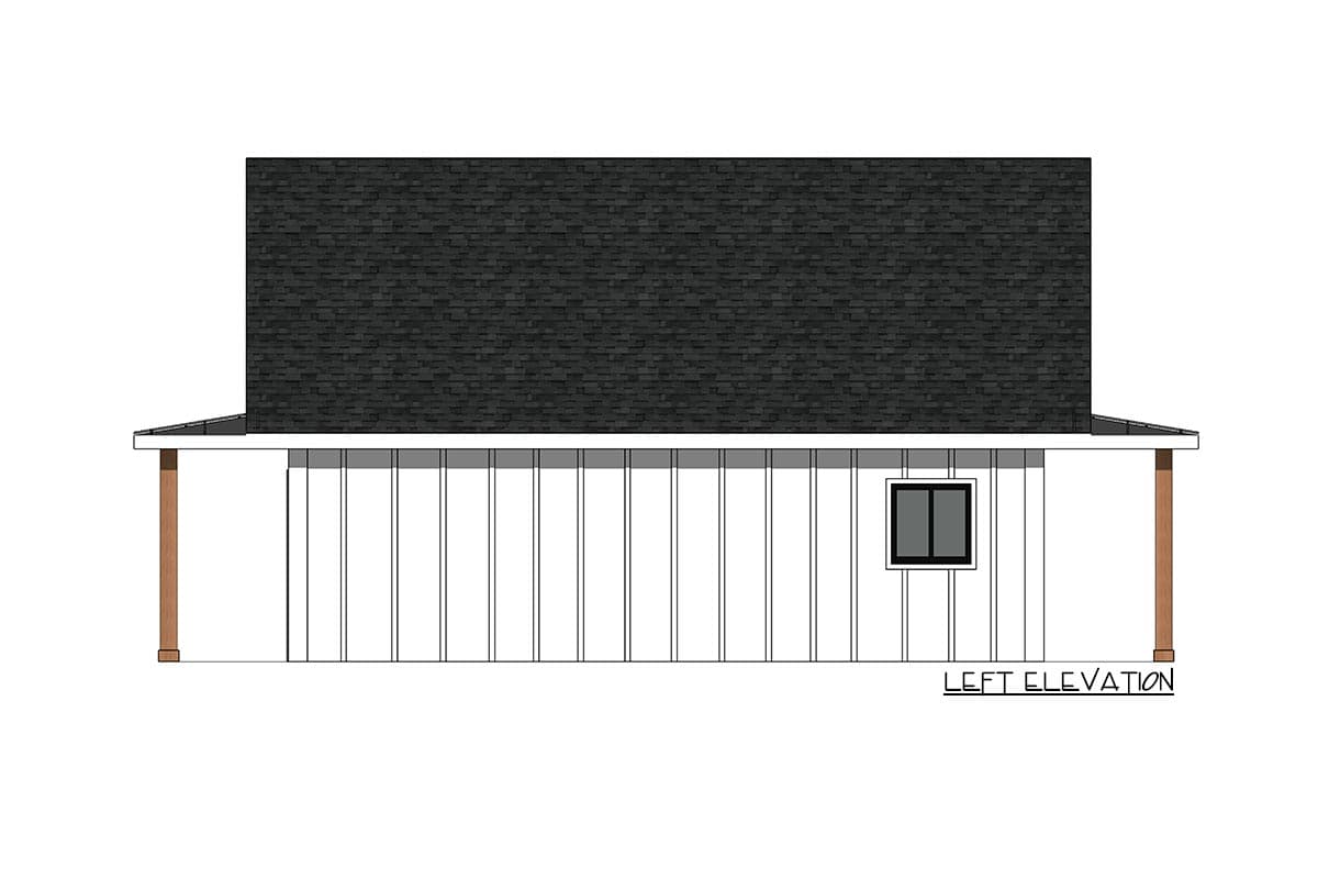 Left elevation drawing of a house plan showing a shingled roof, covered porch with wooden posts, and one window.