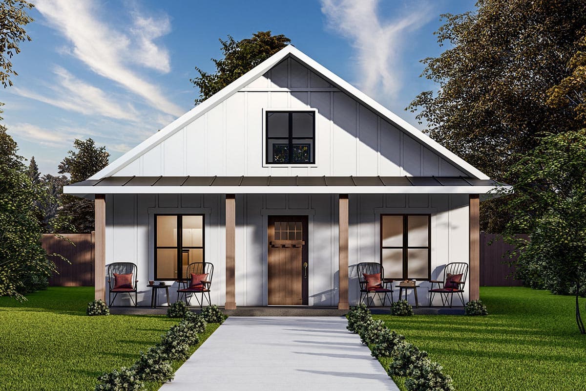 House plan exterior. White farmhouse style with gable roof and porch supported by columns. Features a front door and a second-story window.