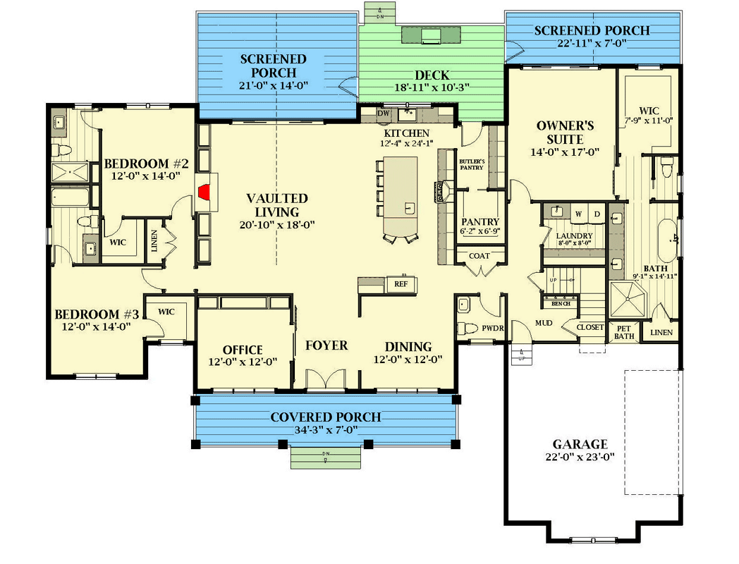 Plan 46469LA: Exclusive 3-Bed Modern Farmhouse Plan with Home Office and Vaulted Living Room - 2869 Sq Ft - Floor Plan - Main Level - Country, Farmhouse, Modern Farmhouse, New American, Traditional
