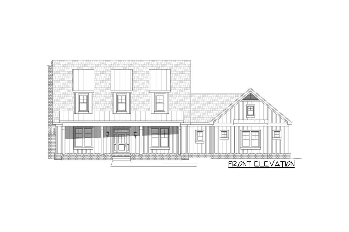 Front elevation drawing of a two-story house plan with a covered front porch, dormers, and a gabled section.