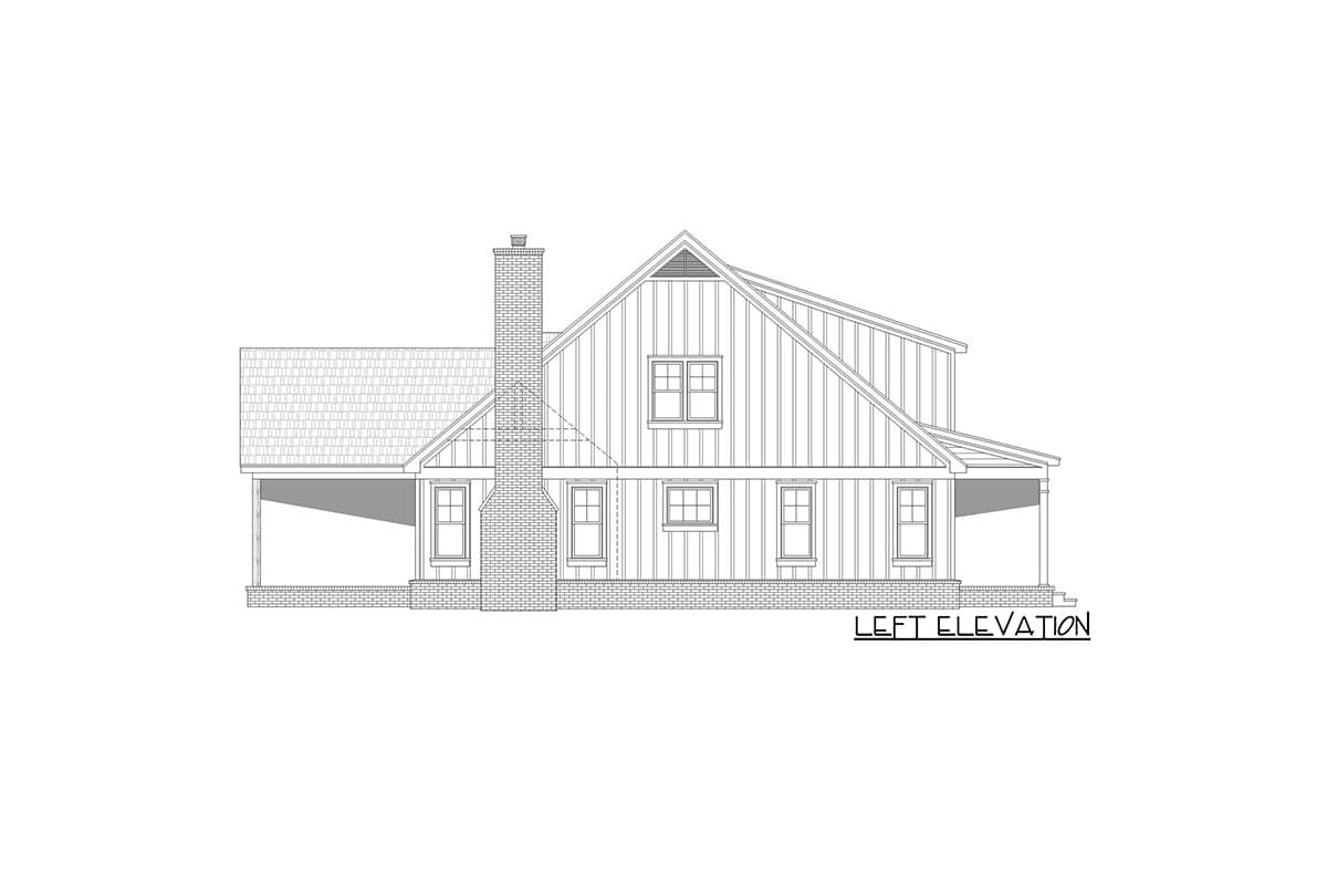 Left elevation house plan with brick chimney, gable roof, dormer, and covered porch.