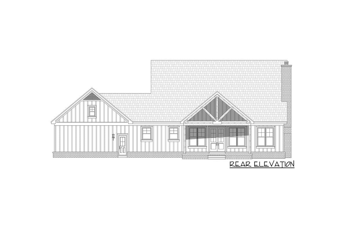 Rear elevation house plan with board and batten siding, gables, dormer, covered porch with exposed beams, and brick chimney.