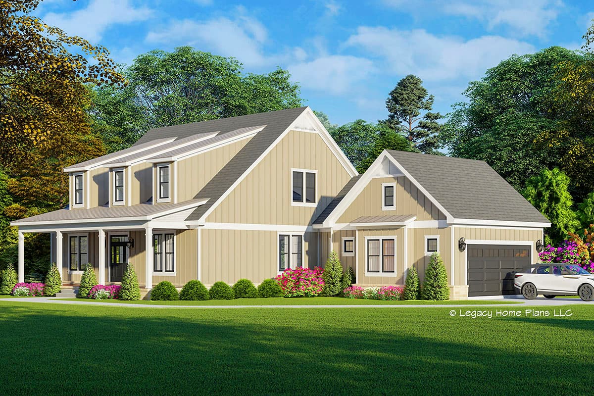 House plan exterior. Two-story Modern Farmhouse with gables, dormers, and a front porch. Attached garage has a side-facing orientation.