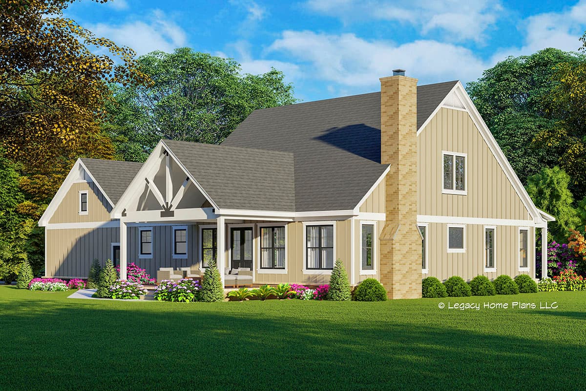 Modern Farmhouse house plan exterior with gables, covered porch, and brick chimney. Two stories visible.