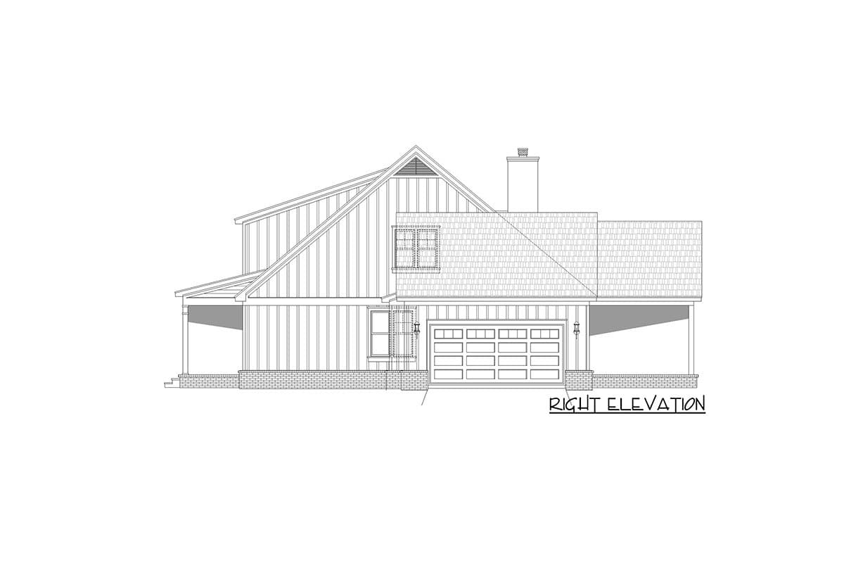 Right elevation house plan: Tall gable roof, vertical siding, dormer window, two-car garage, and covered porch.