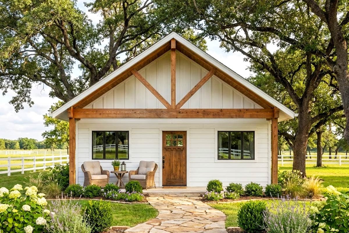 Modern farmhouse house plan exterior: white board-and-batten siding, exposed wooden beams, gabled roof, wood door, and two windows.