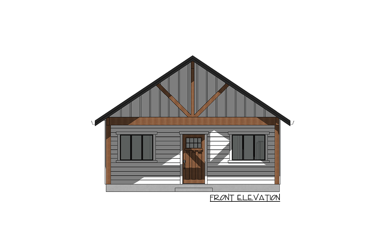 Front elevation drawing of a one-story house with a gable roof, two windows, and a central door with a visible wood-grain texture.