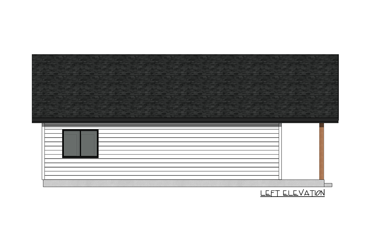 Left elevation of a house plan showing horizontal siding, a single window, and a covered porch.