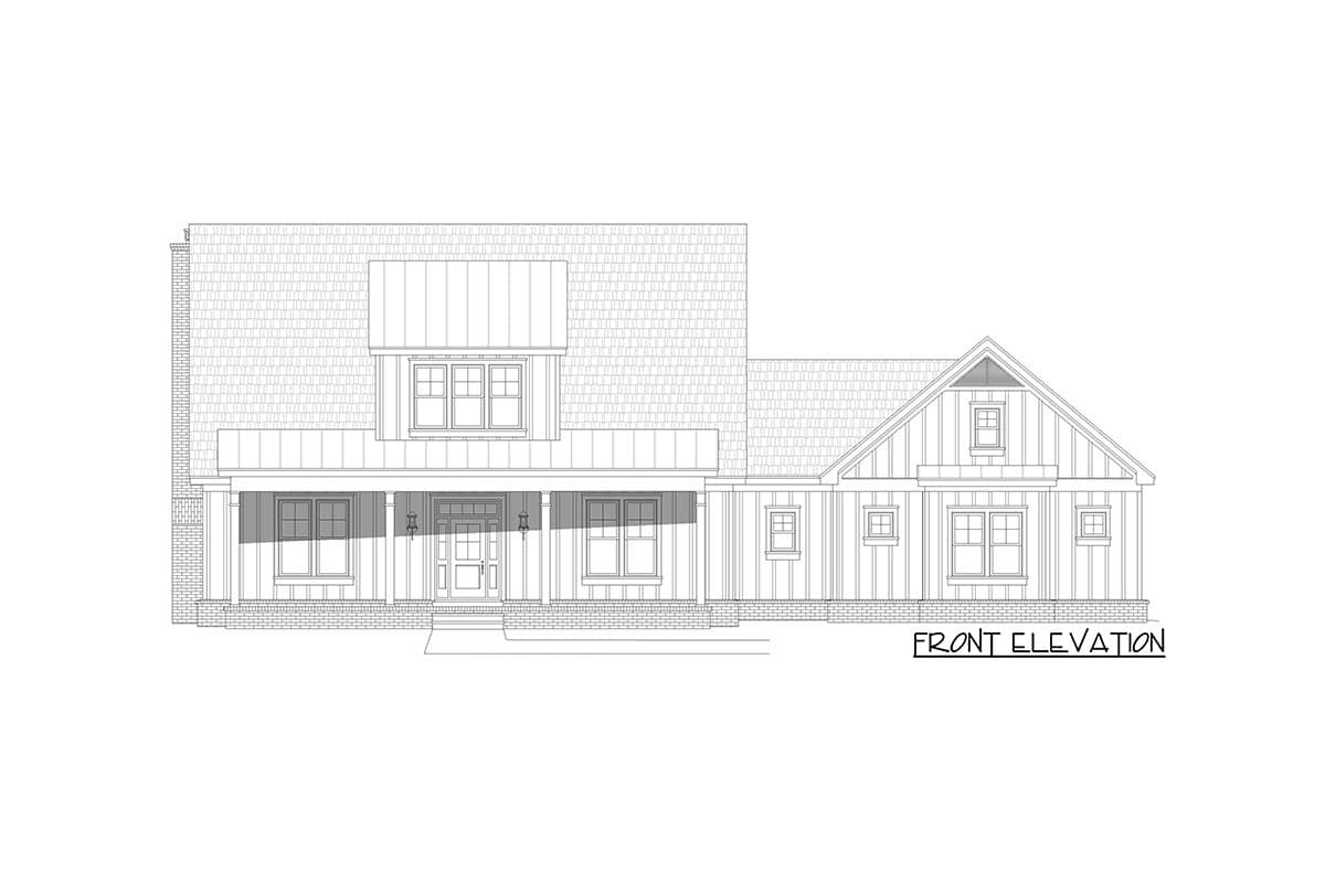 Front elevation drawing of a two-story Modern Farmhouse with a covered front porch, dormers, and gabled rooflines.