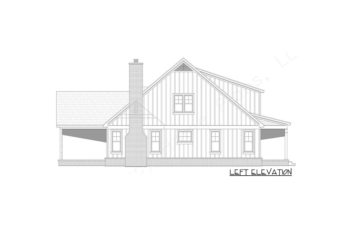 Left elevation house plan shows a two-story home with gabled roof, large brick chimney, and covered porches.
