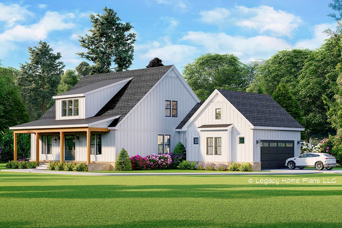 House plan exterior rendering. Two-story Modern Farmhouse with gabled rooflines, dormer, and front porch with columns. Attached garage.