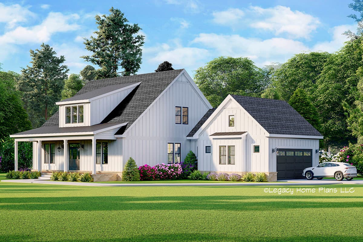 Modern Farmhouse house plan exterior with a gabled roof, dormer, covered porch, and attached garage.