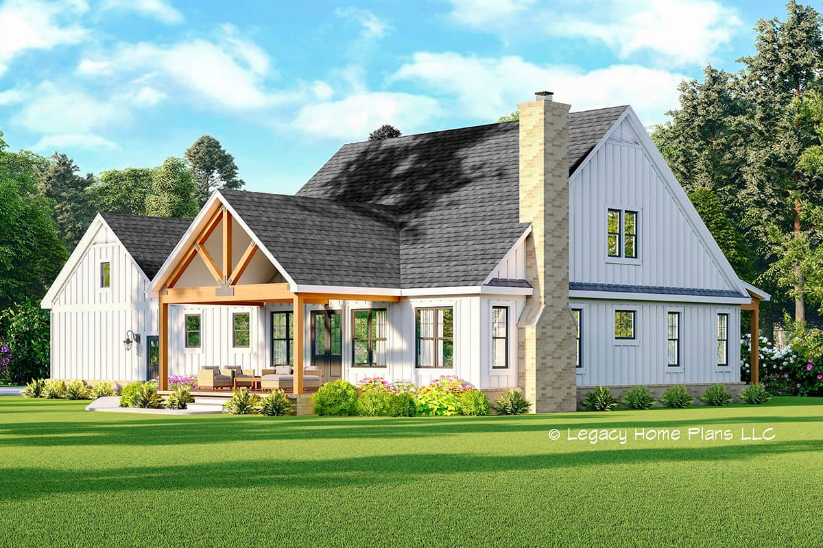 Modern Farmhouse house plan exterior with a covered porch, stone chimney, and gabled rooflines.