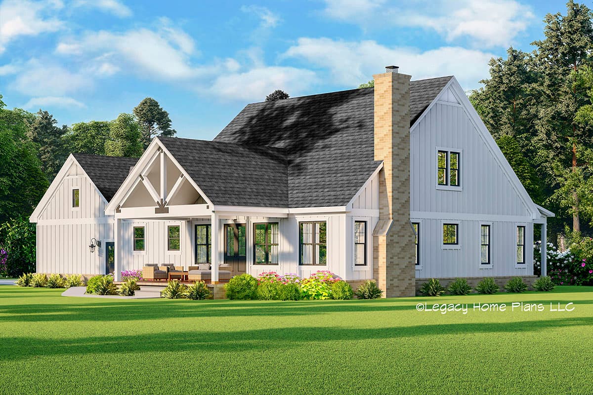 Modern Farmhouse house plan exterior with a prominent gable, covered porch with exposed beams, and a brick chimney.
