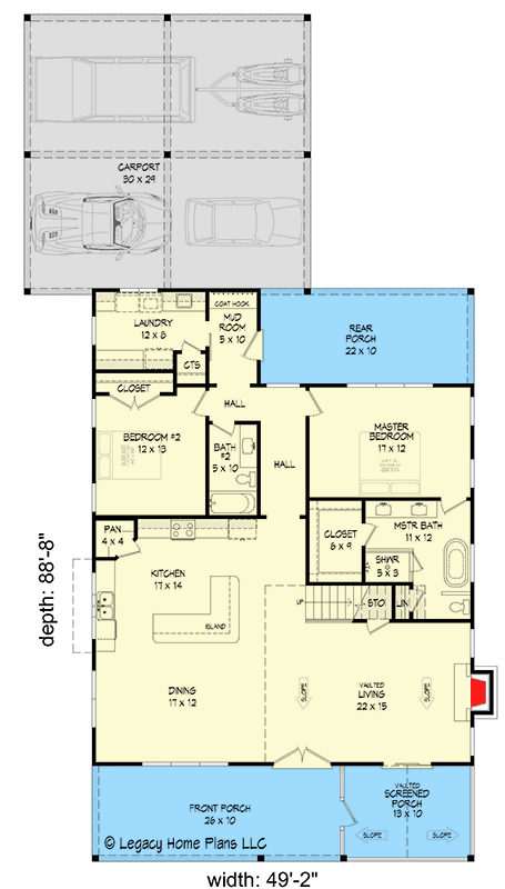 Plan 680003VR: Modern Farmhouse with Front Vaulted Screened Porch and Upstairs Expansion - Floor Plan - Main Level - Country, Farmhouse, Modern Farmhouse, New American