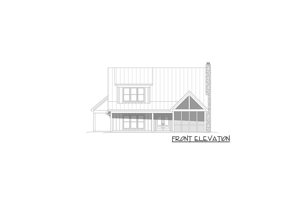 Front elevation drawing of a house plan showing a covered porch, screened porch, and stone chimney.