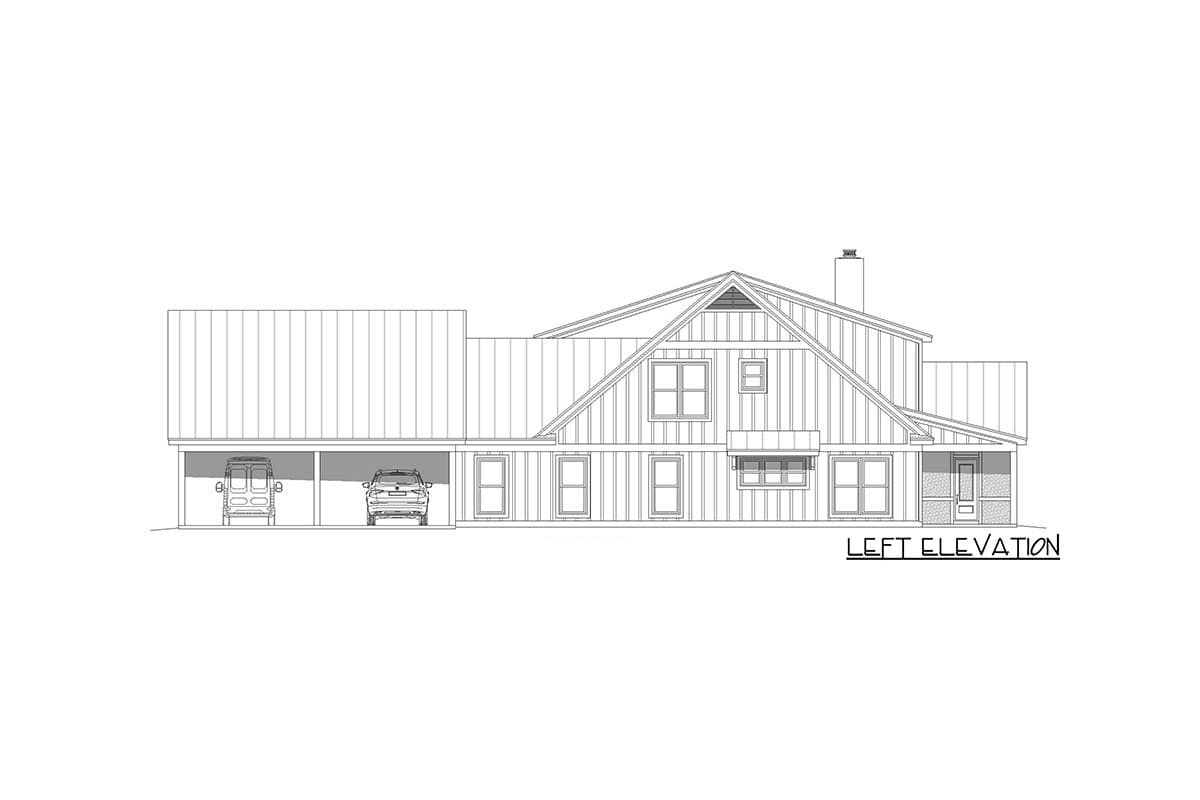 Left elevation house plan shows a two-story home with a metal roof, attached carport, gables, and dormers.