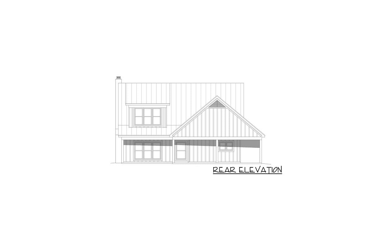 Rear elevation drawing of a two-story house with a gable, dormer, and covered porch.