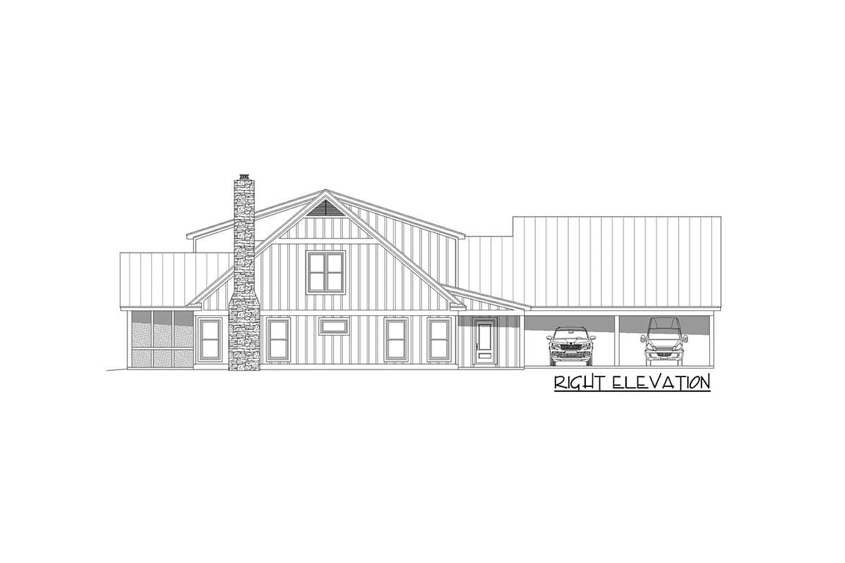 Right elevation drawing of a house plan with stone chimney, gables, and a two-car carport.