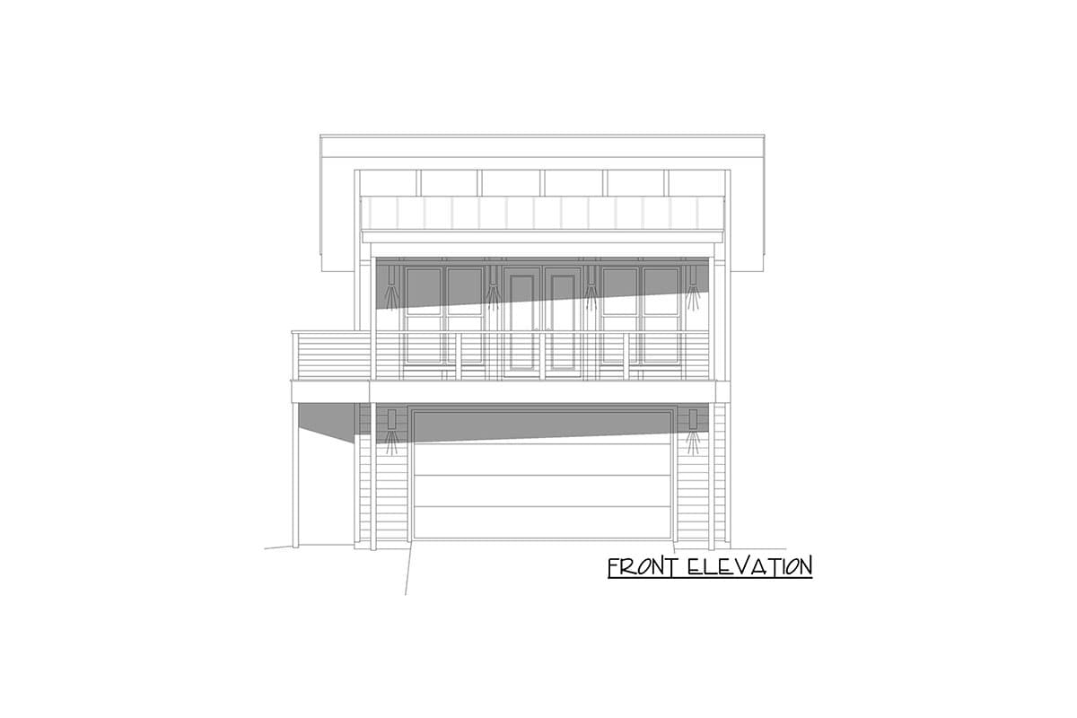 Front elevation drawing of a two-story house with a modern style, featuring a garage, balcony, and large windows.