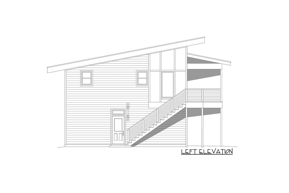 Left elevation drawing of a two-story house plan with a sloped roof, double door, and exterior staircase to a deck.