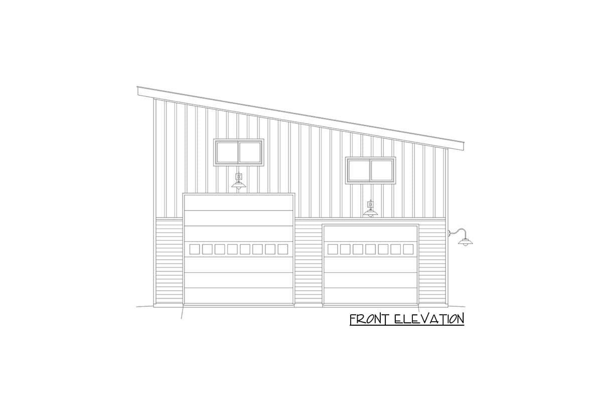 Front elevation drawing of a modern house plan with a shed roof, two garage doors, and two windows.